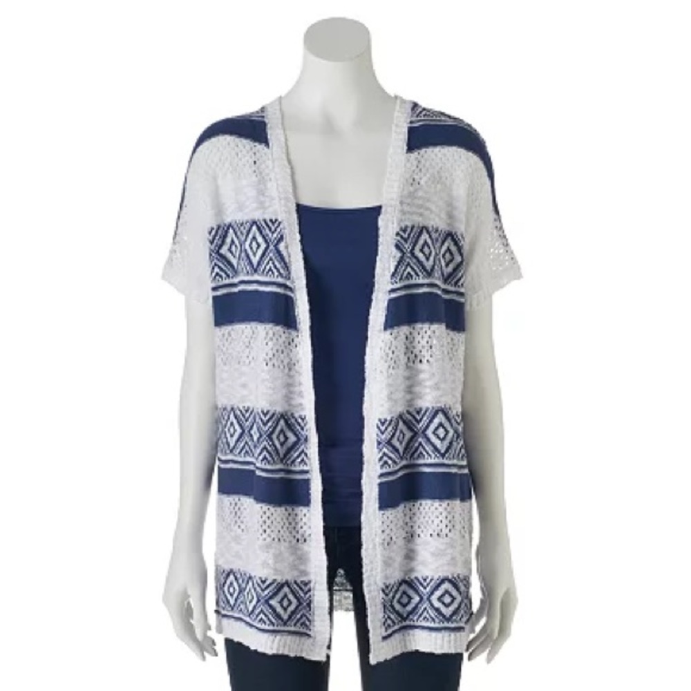 Cloud Chaser Navy Blue and White Striped Aztec Tribal Open Front Cardigan, Small